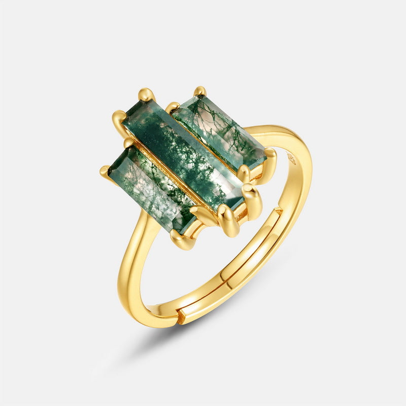Geometric Tri-Panel Moss Agate Gold Statement Ring
