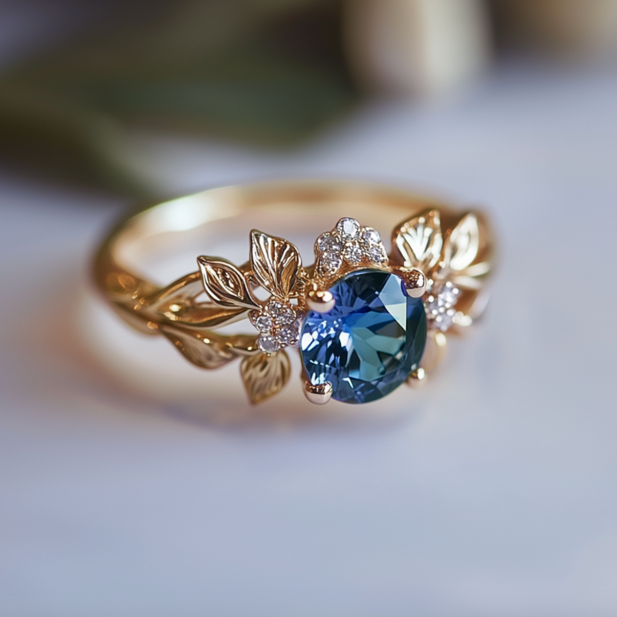 Valentina’s Blossom | Blue Sapphire Antique Floral Halo Ring.