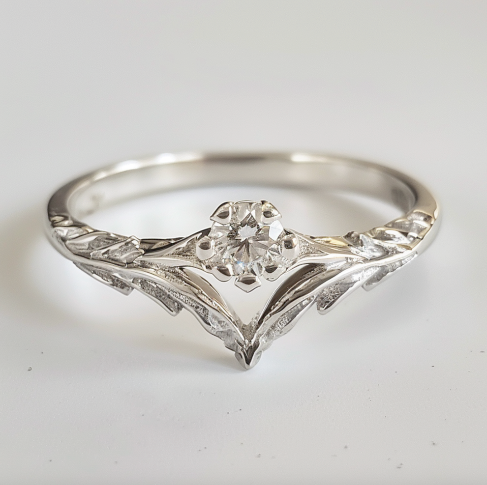 Angel’s Wing | V-Shaped Leaf Diamond Solitaire Wedding Band.