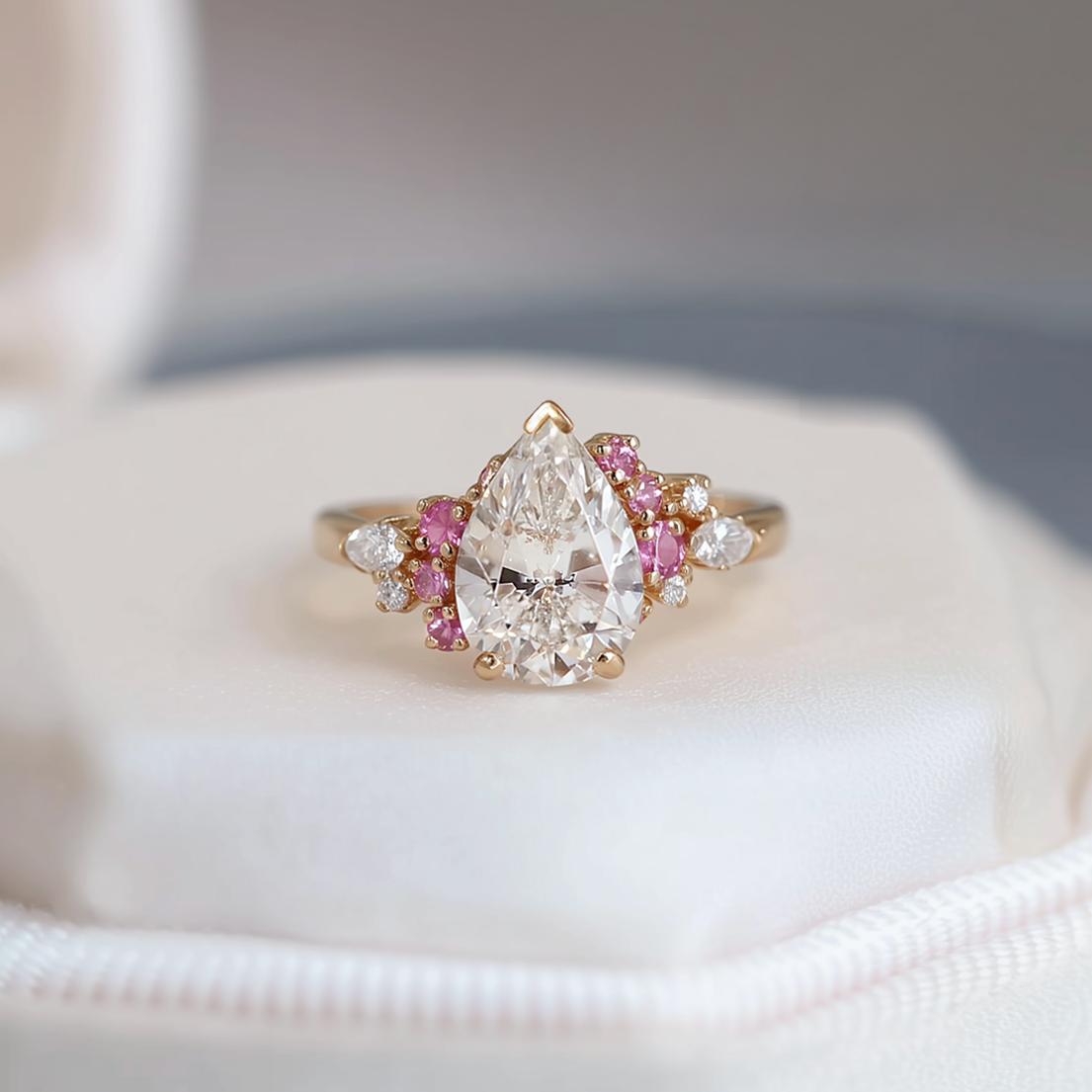 Aurora’s Kiss | 2CT Pear Cut Diamond Gold Engagement Ring.