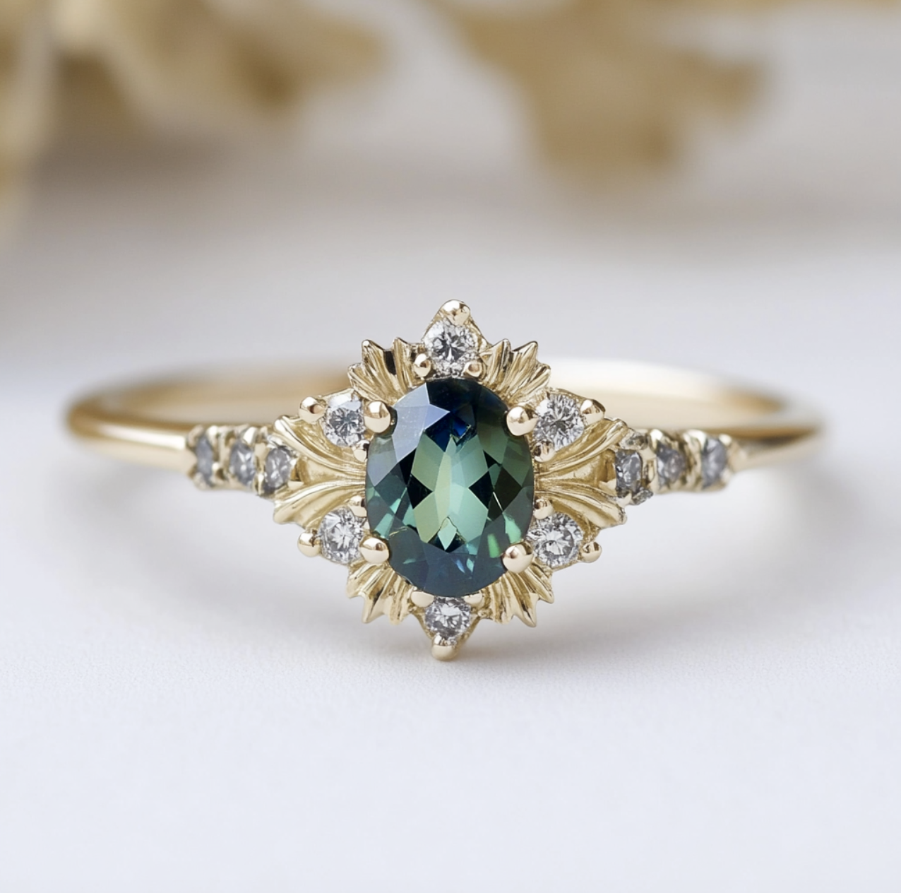 Rosalind‘s Bloom | 1CT Oval Cut Green Halo Engagement Ring