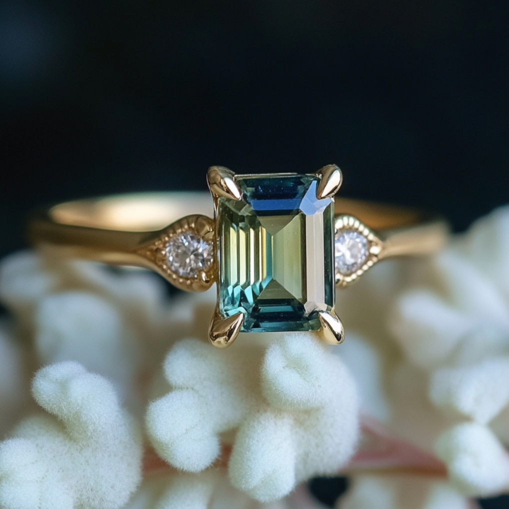 2CT Emerald Cut Green Gemstone Leafy Engagement Ring.