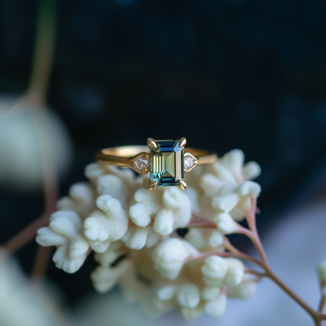 2CT Emerald Cut Green Gemstone Leafy Engagement Ring.