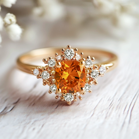 Vivienne’s Amber | Round Cut Orange Sapphire Halo Engagement Ring.