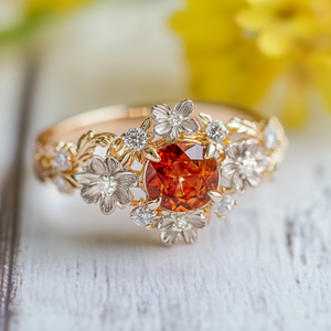Eve's Blossom | Round Mandarin Garnet Engagement Ring with Petal Setting.