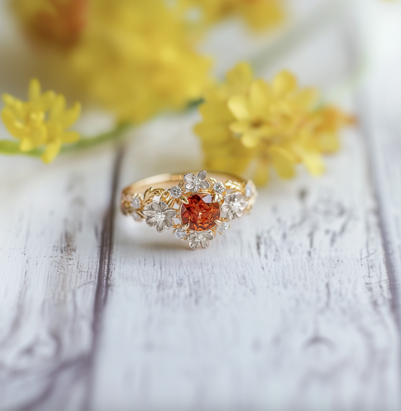 Eve's Blossom | Round Mandarin Garnet Engagement Ring with Petal Setting.
