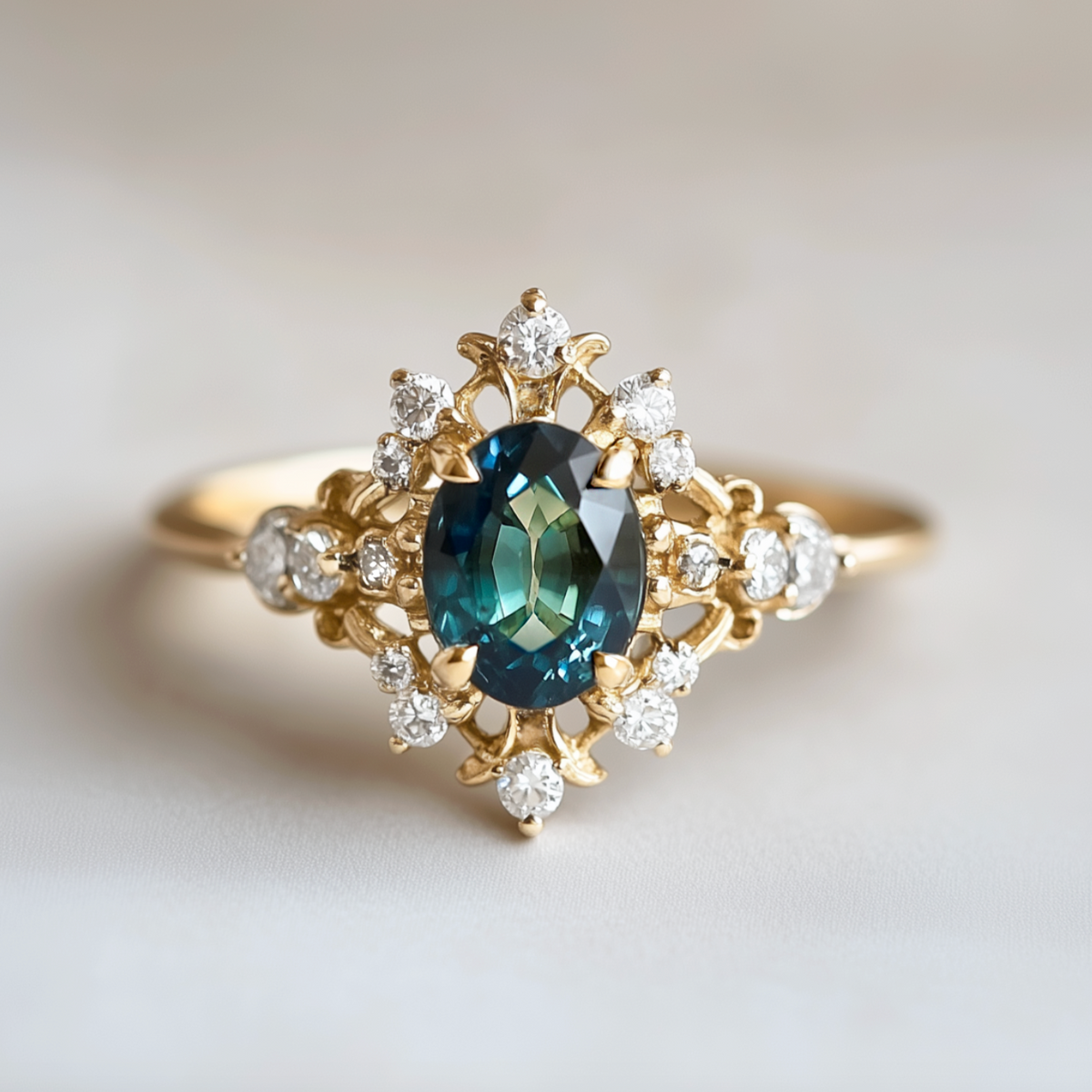 Isolde’s Crown | Teal Sapphire & Diamond Halo Engagement Ring.