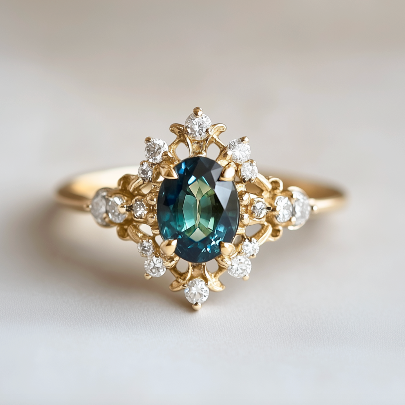Isolde’s Crown | Teal Sapphire & Diamond Halo Engagement Ring.