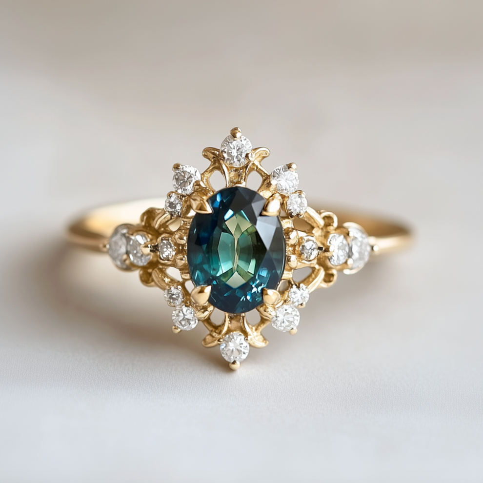 Isolde’s Crown | Teal Sapphire & Diamond Halo Engagement Ring.