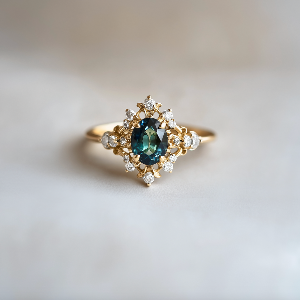 Isolde’s Crown | Teal Sapphire & Diamond Halo Engagement Ring.