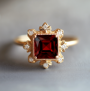 Seraphina’s Emberglow | Baroque Flame Red Square Garnet Engagement Ring.