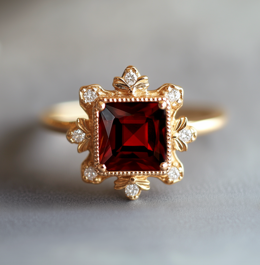 Seraphina’s Emberglow | Baroque Flame Red Square Garnet Engagement Ring.