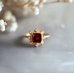 Seraphina’s Emberglow | Baroque Flame Red Square Garnet Engagement Ring.