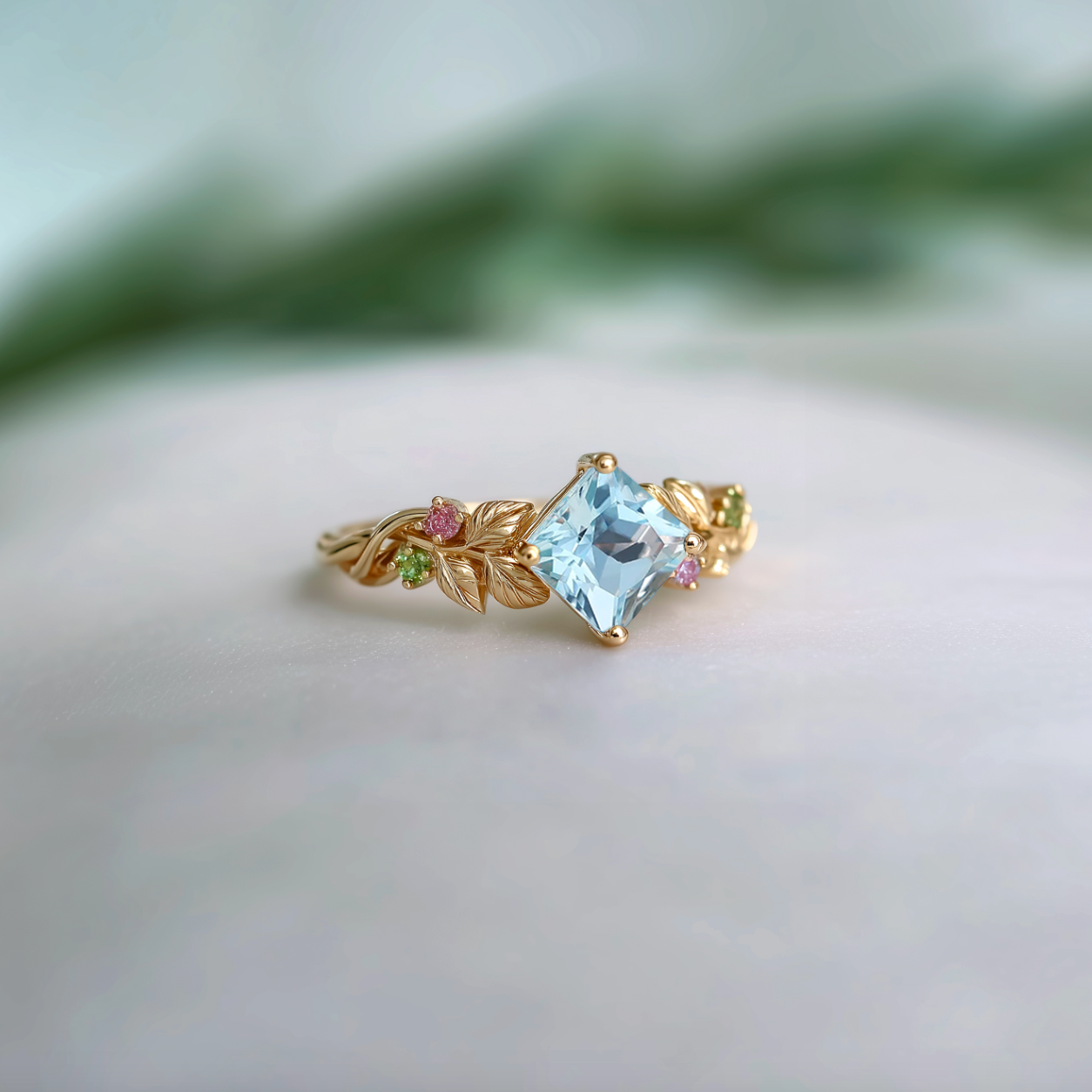 Cressida’s Stillness | Clear Blue Aquamarine Leafy Engagement Ring