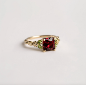 Solid Gold cushion Garnet Ring, Deep red Garnet engagement ring, Red Garnet Ring.