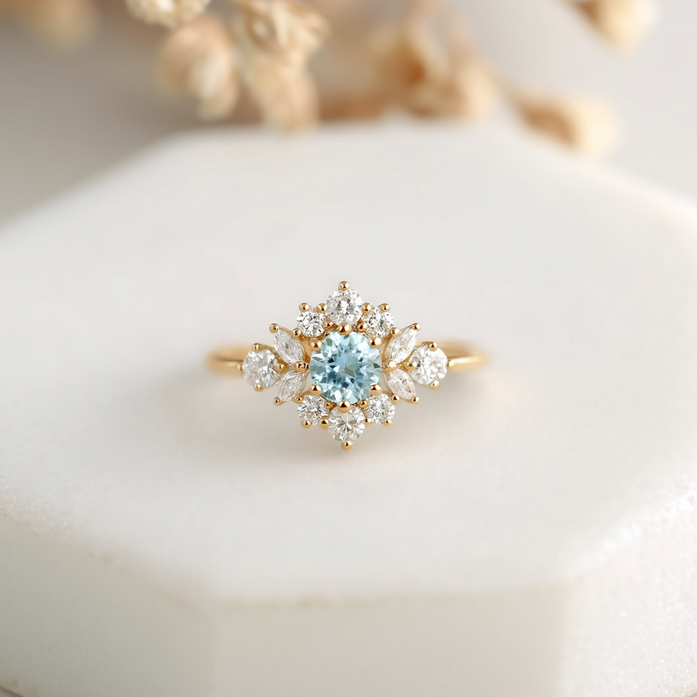 Marina's Blossom | Round Cut Aquamarine Halo Engagement Ring.