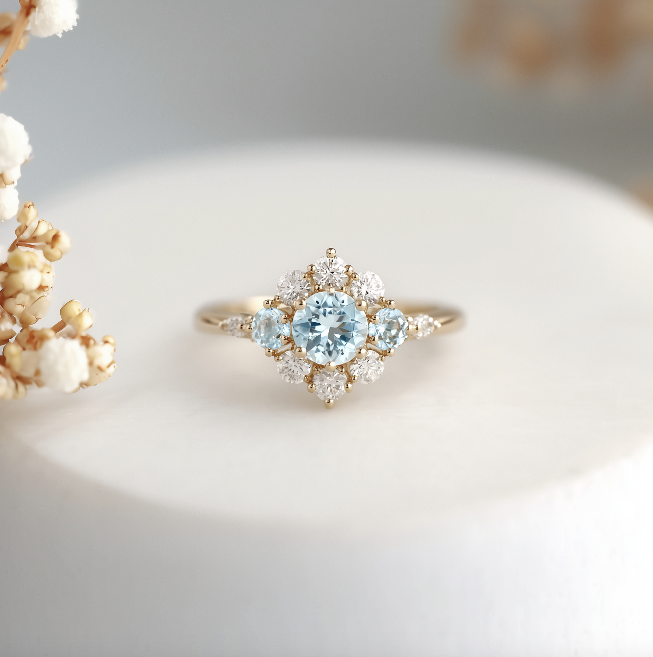 Elsa’s Flurry | Round Cut Snow Flakes Aquamarine Engagement Ring.