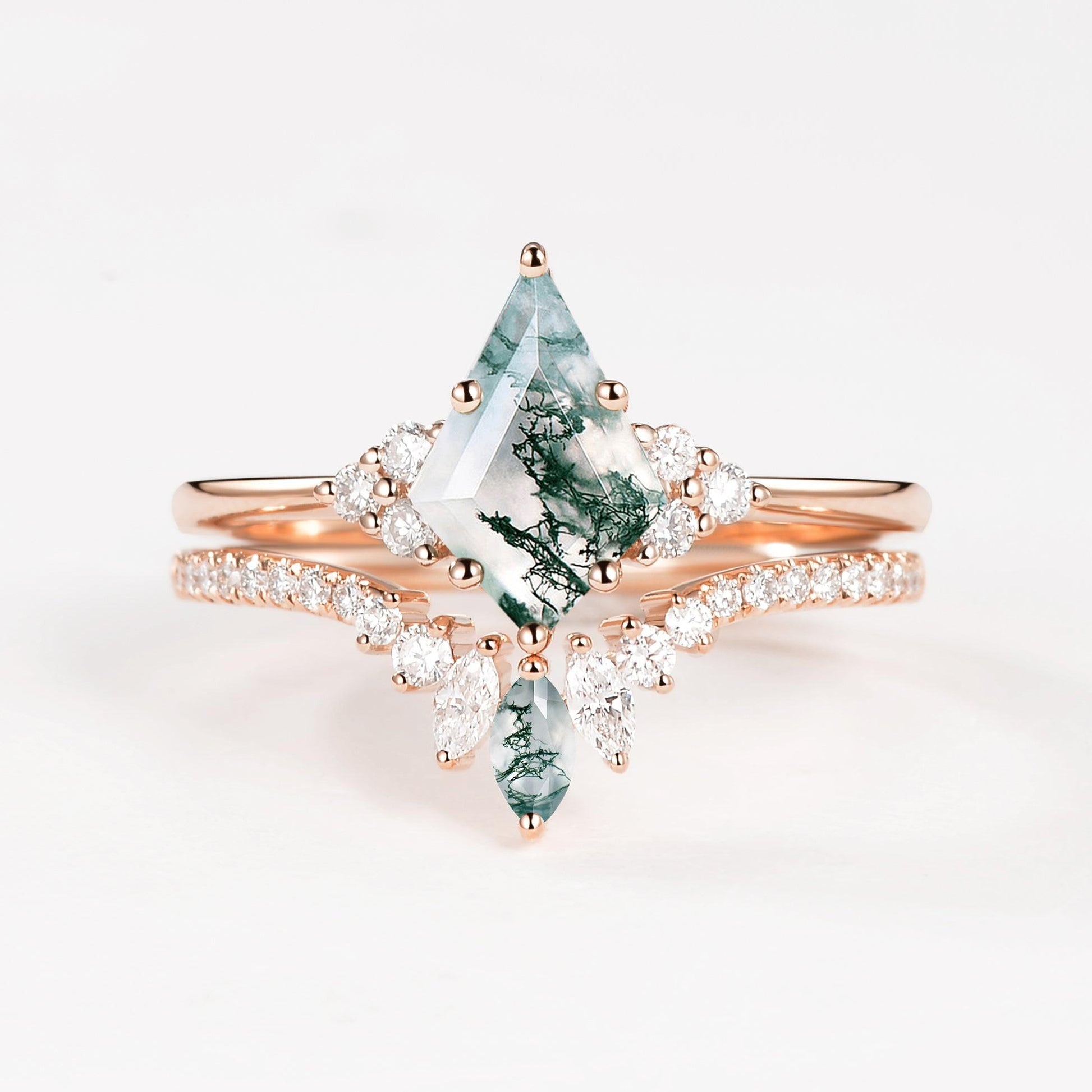 Lydia Unique Moss Agate Cluster Engagement Ring Set 2pcs.