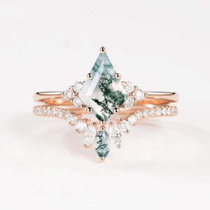 Lydia Unique Moss Agate Cluster Engagement Ring Set 2pcs.
