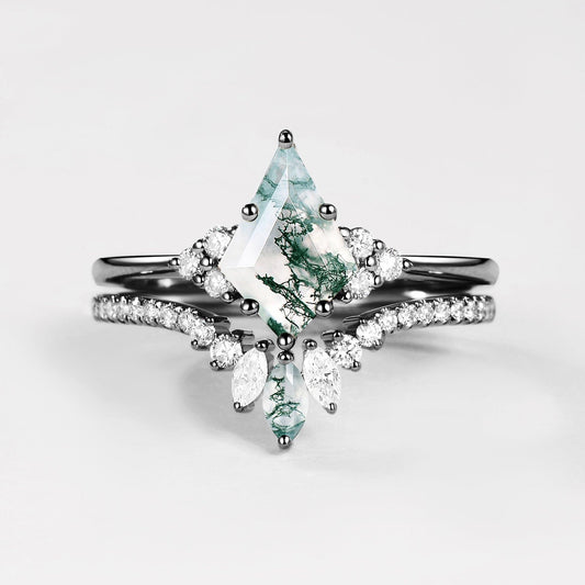 Black Gold Green Moss Agate Cluster Engagement Ring Set 2pcs.