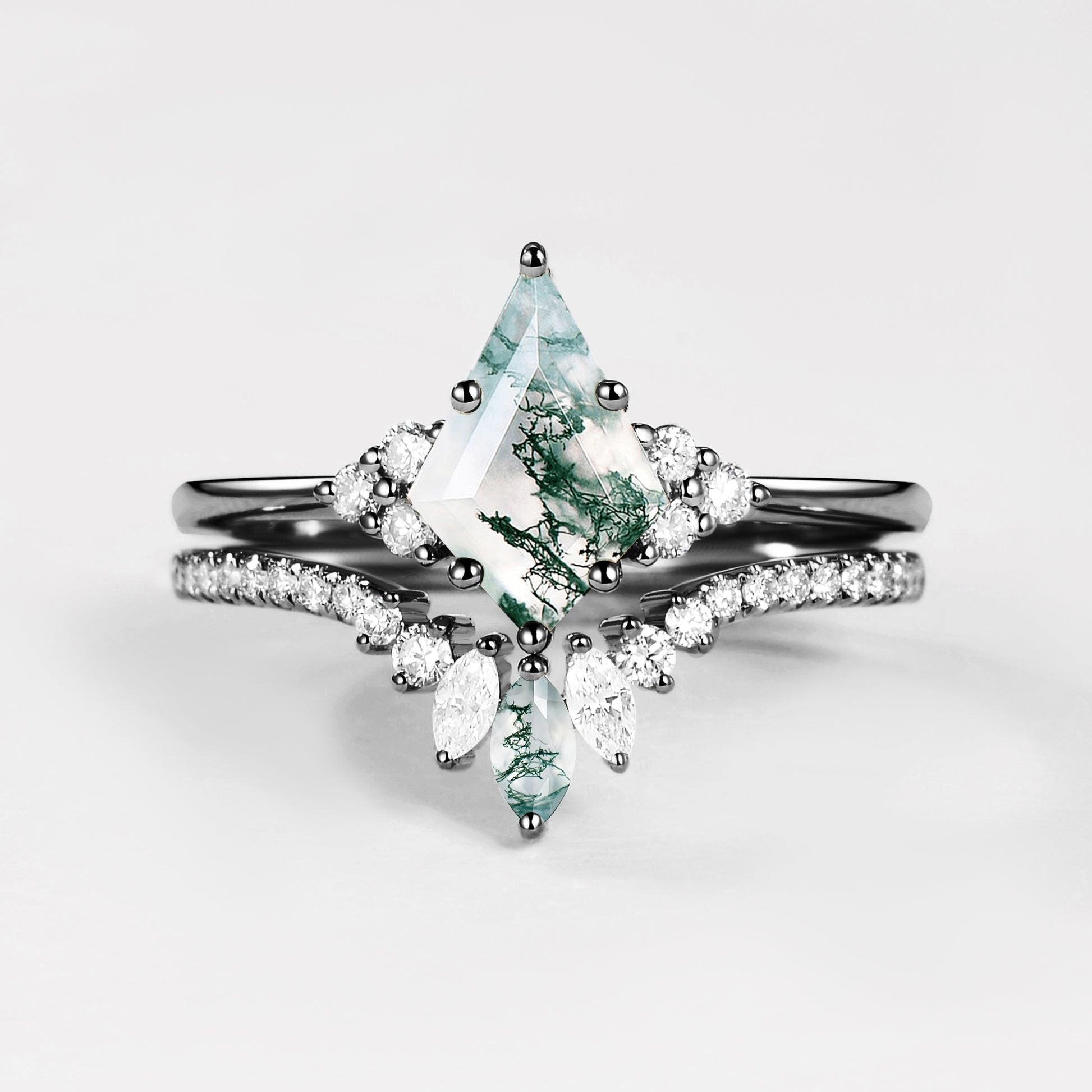 Lydia Unique Moss Agate Cluster Engagement Ring Set 2pcs.