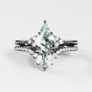 Lydia Unique Moss Agate Cluster Engagement Ring Set 2pcs.