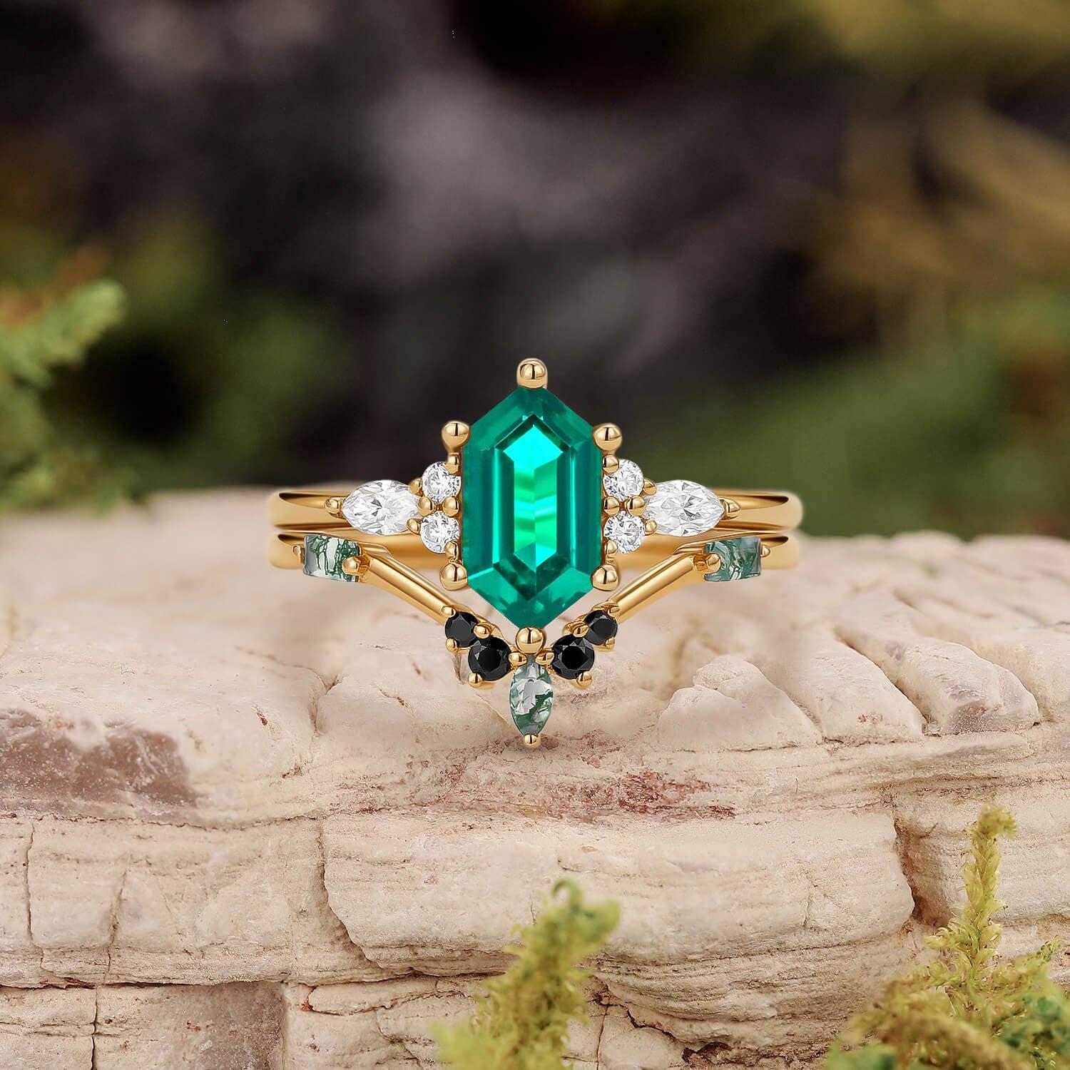 Unique Hexagon Moss Agate & Black Onyx Ring Set 2pcs.
