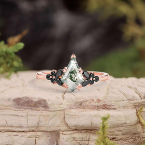 Elara’s Veil | Kite Cut Moss Agate & Onyx Leaf Engagement Ring.