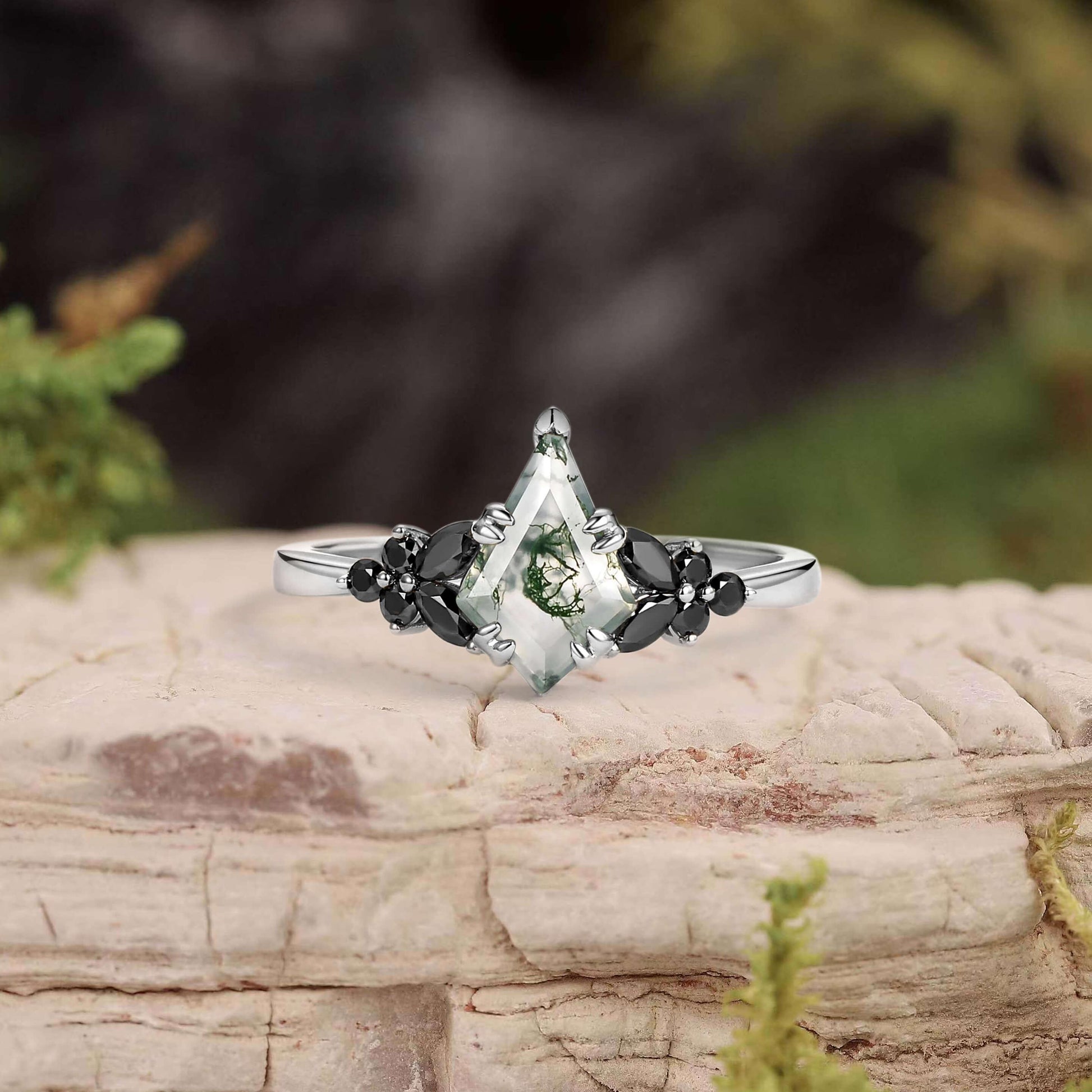 Elara’s Veil | Kite Cut Moss Agate & Onyx Leaf Engagement Ring.