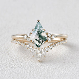 Elara’s Grove | Kite Cut Moss Agate Engagement Ring Set 2pcs