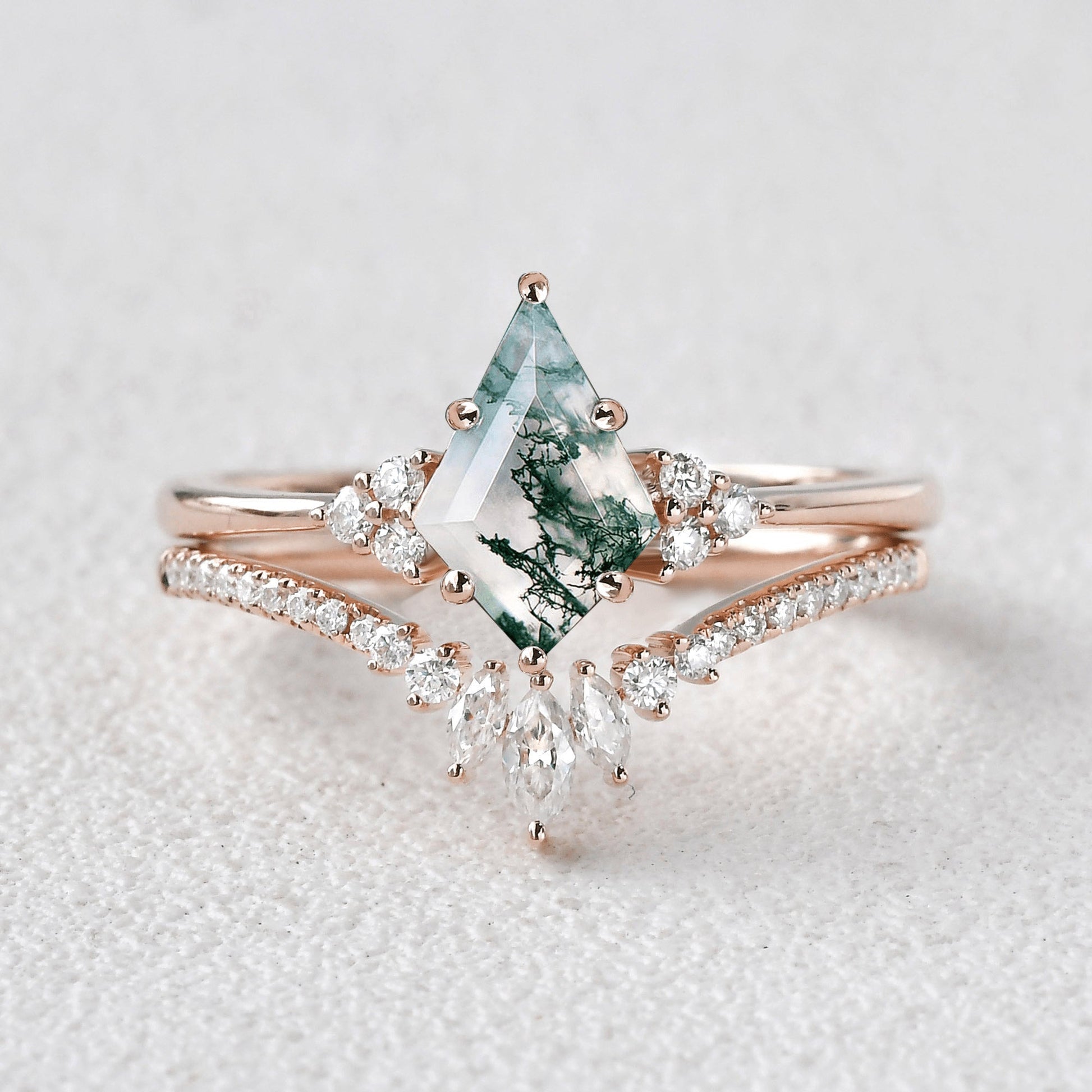 Elara’s Grove | Kite Cut Moss Agate Engagement Ring Set 2pcs