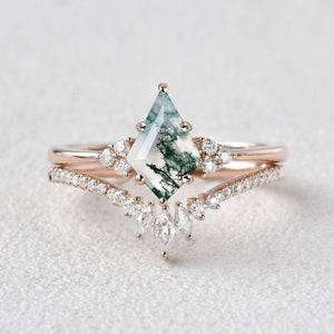 Elara’s Grove | Kite Cut Moss Agate Engagement Ring Set 2pcs