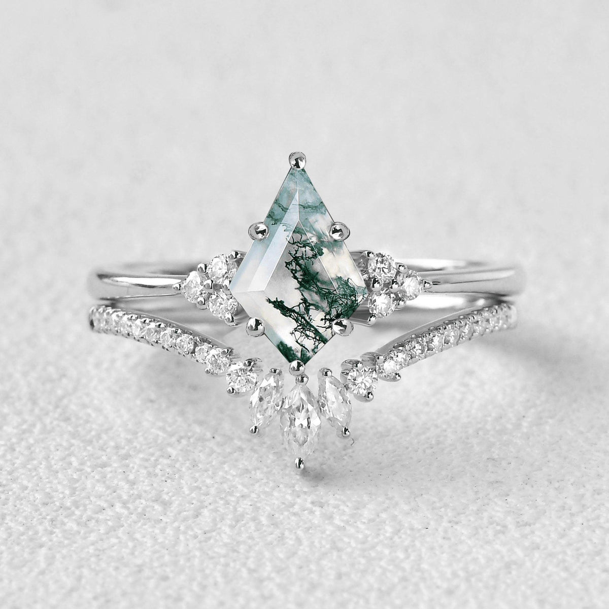 Elara’s Grove | Kite Cut Moss Agate Engagement Ring Set 2pcs.