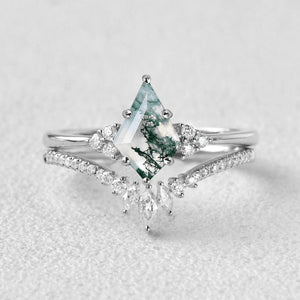 Elara’s Grove | Kite Cut Moss Agate Engagement Ring Set 2pcs