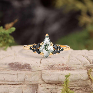 Elara’s Veil | Kite Cut Moss Agate & Onyx Leaf Engagement Ring.