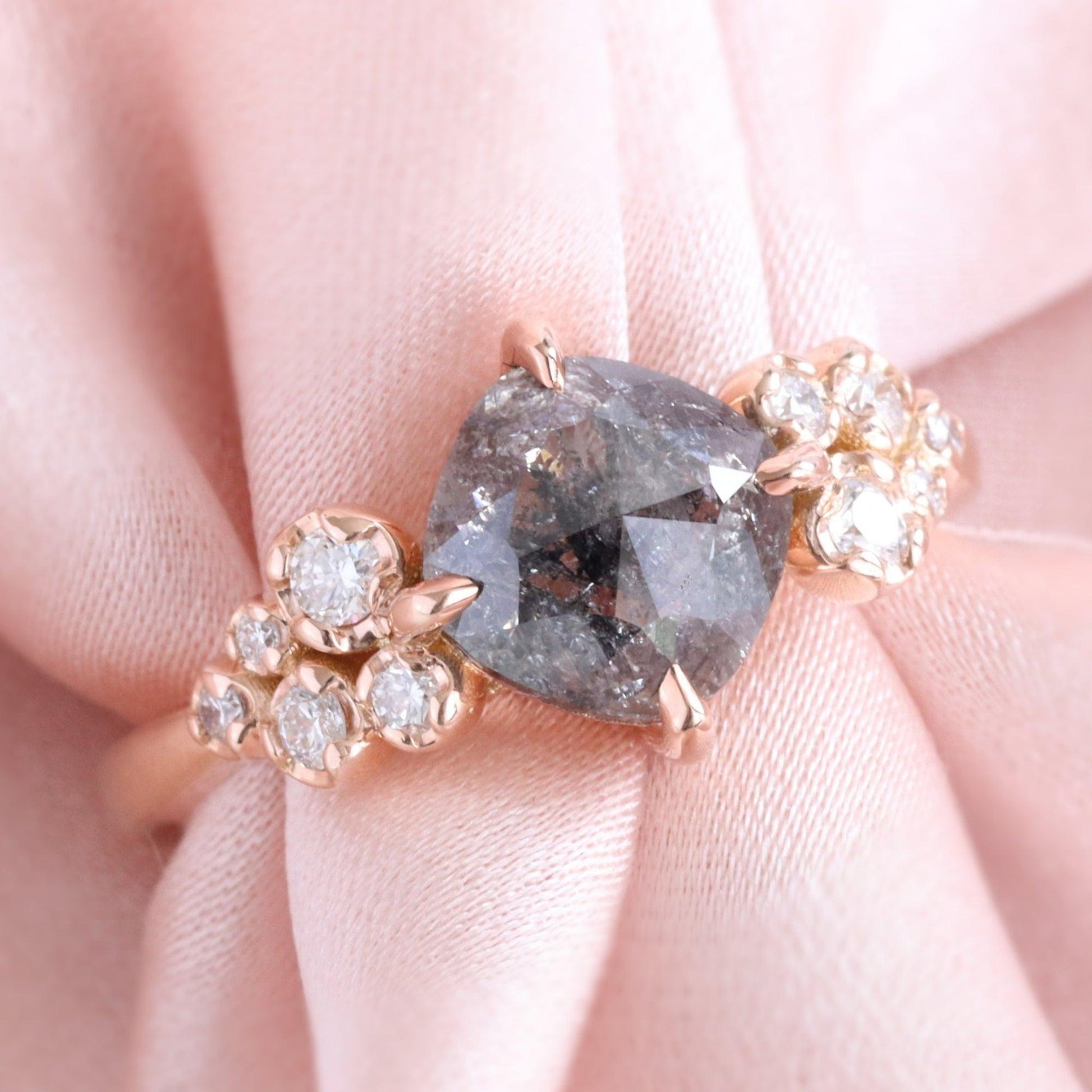 1.82 Ct Salt and Pepper Diamond Ring in 14k Rose Gold Floral Cluster Ring, Size 6.5.