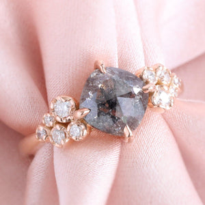 1.82 Ct Salt and Pepper Diamond Ring in 14k Rose Gold Floral Cluster Ring, Size 6.5.