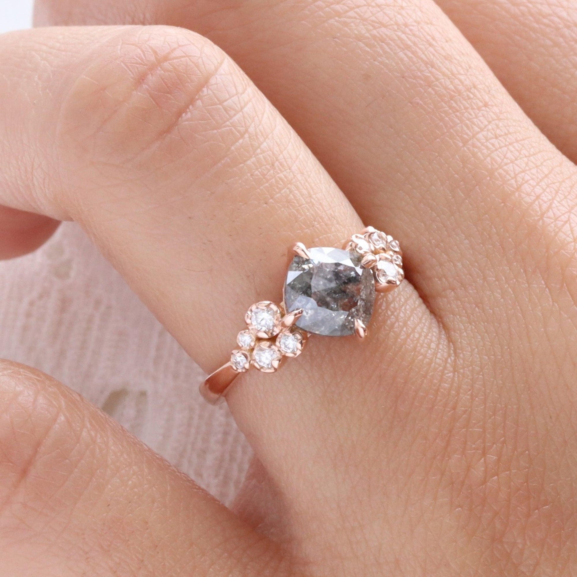 1.82 Ct Salt and Pepper Diamond Ring in 14k Rose Gold Floral Cluster Ring, Size 6.5.