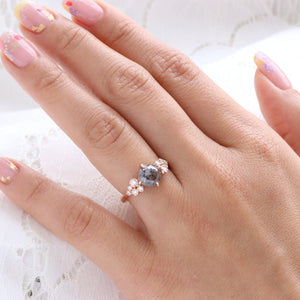 1.82 Ct Salt and Pepper Diamond Ring in 14k Rose Gold Floral Cluster Ring, Size 6.5.