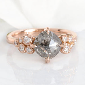 1.82 Ct Salt and Pepper Diamond Ring in 14k Rose Gold Floral Cluster Ring, Size 6.5.