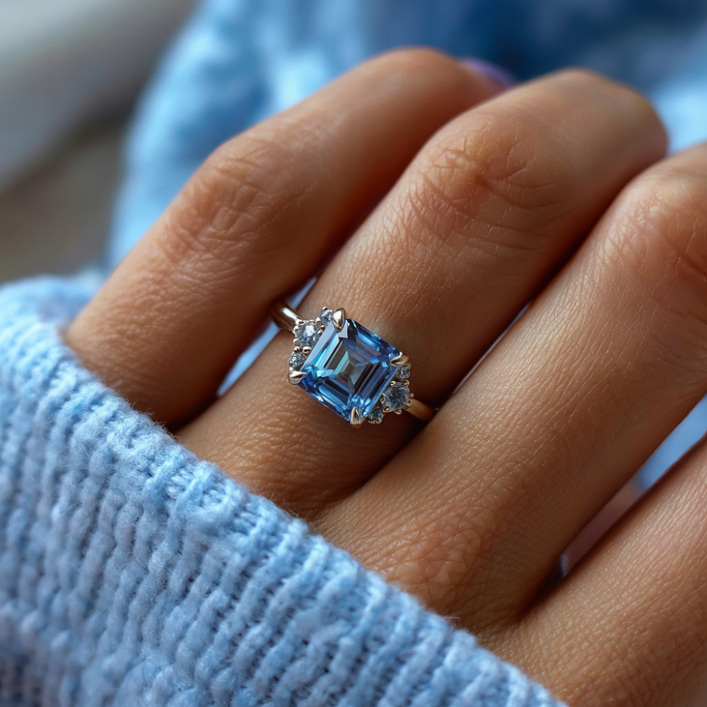 Ulissa 2CT Asscher Cut Blue Gemstone Ring
