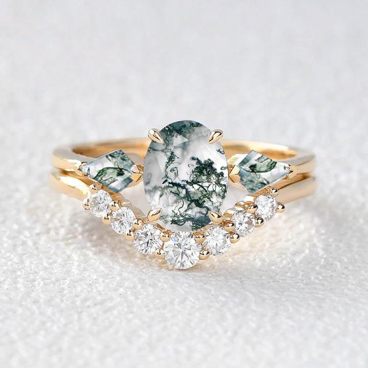 Alethea’s Pinions | Oval Moss Agate Three Stone Bridal Set 2pcs.