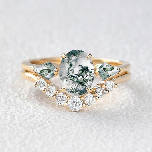 Alethea’s Pinions | Oval Moss Agate Three Stone Bridal Set 2pcs.