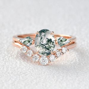 Alethea’s Pinions | Oval Moss Agate Three Stone Bridal Set 2pcs.