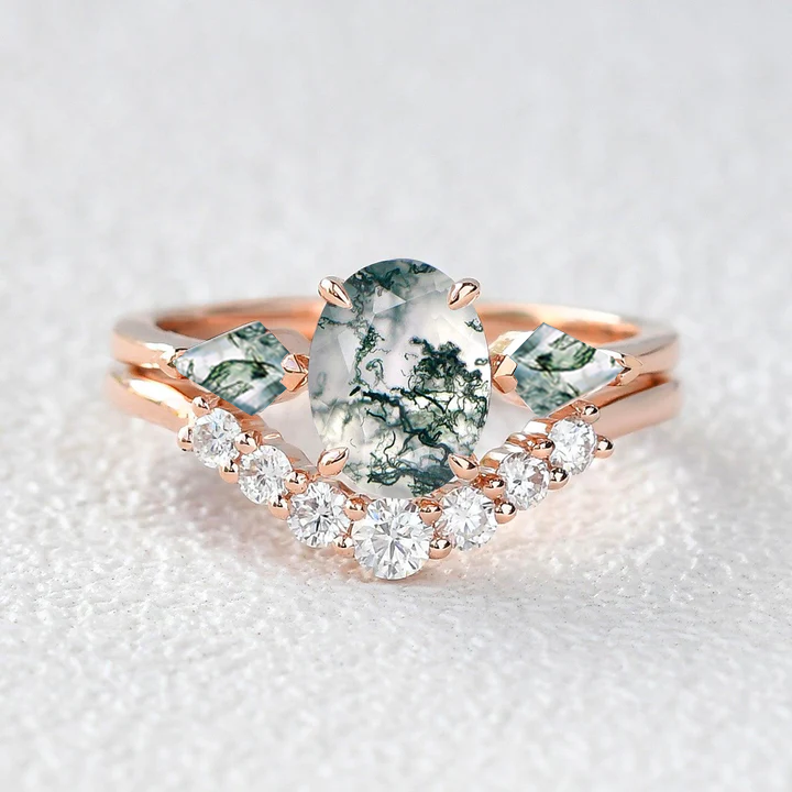 Alethea’s Pinions | Oval Moss Agate Three Stone Bridal Set 2pcs.