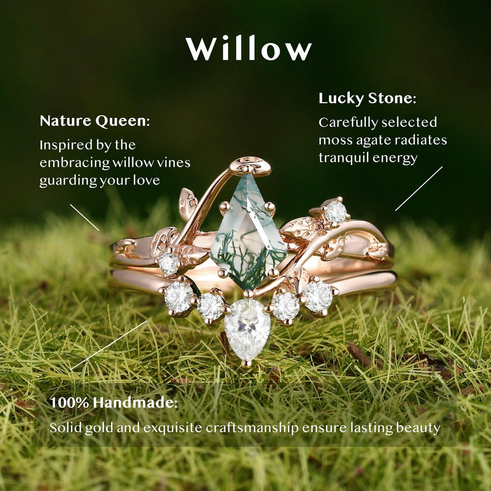 Willow Jewelry Sets Nature Inspired Unique Kite Cut Moss Agate Leafy Ring & Necklace & Earrings Sets 5PCS.