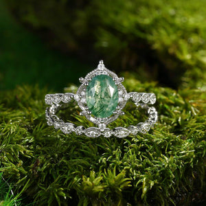 Camellia’s Cameo | Oval Moss Agate Cluster Vintage Bridal Set 2pcs.