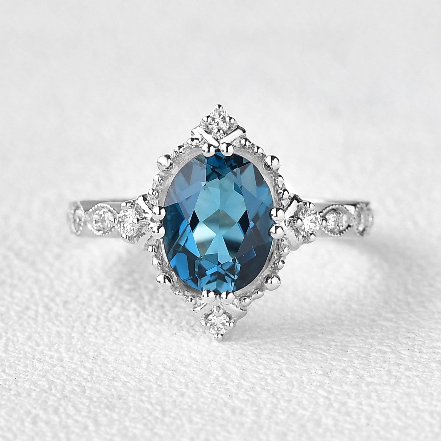Aurelia’s Prism | Oval London Blue Topaz & Moissanite Art Deco Ring.