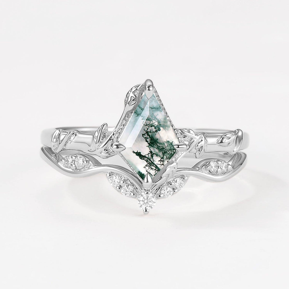 Unique Leafy Moss Agate Ring Sets 2pcs.