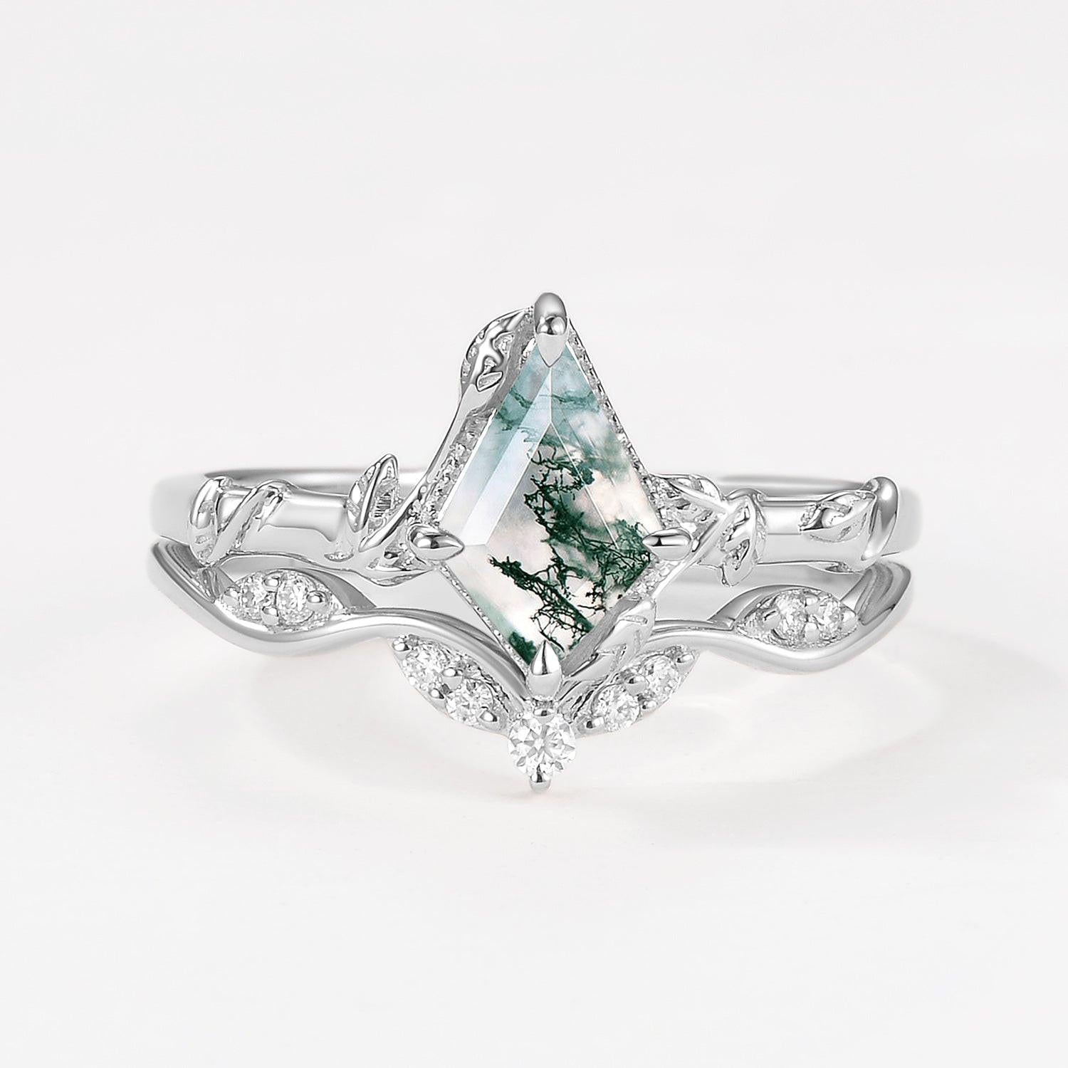 Unique Leafy Moss Agate Ring Sets 2pcs.